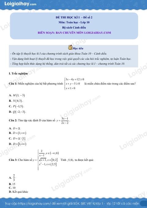 Đề thi học kì 1 Toán 10 Cánh diều - Đề số 2